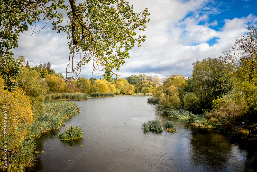 Autumn landscape with a river and vegetation on shores in a sunny day_ Autumn landscape with a river and vegetation on shores in a sunny day_