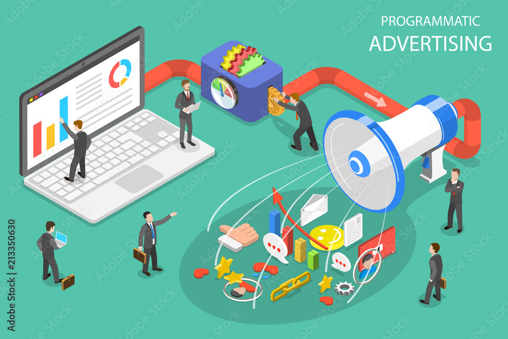 Flat isometric vector concept of programmatic advertising, social media campaign.