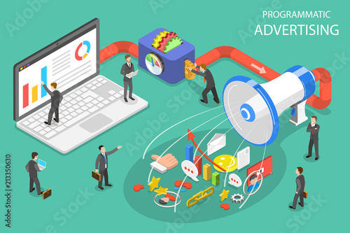 Flat isometric vector concept of programmatic advertising, social media campaign. photo