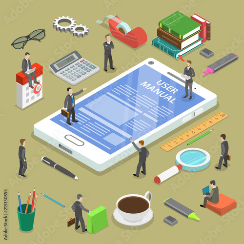 Online uer manual flat isometric vector concept. People, surrounded with some office stuff, are discussing a content of the online guide.