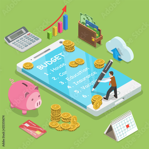 Online family budget flat isometric vector concept. Man is planning the family budget and write down it into the smartphone.