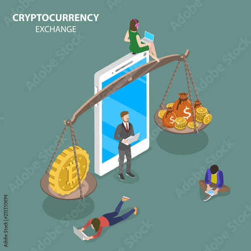 Flat isometric vector concept of cryptocurrency exchange, blockchain technology, bitcoin, cryptocoin wallet.