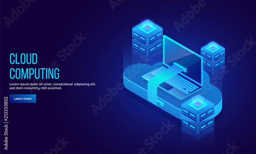 Big data sharing concept landing page design for Cloud Computing with 3D illustration of 3 local server connected with cloud pc.