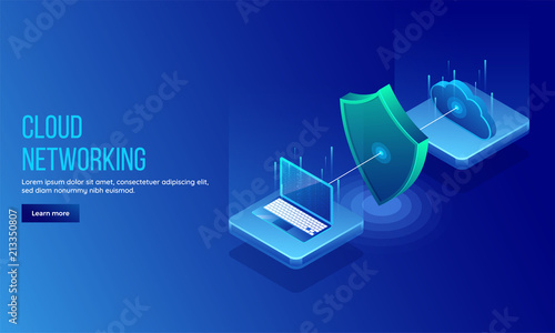3D isometric illustration of security shield between pc and cloud server for data protection concept landing page or web template design.