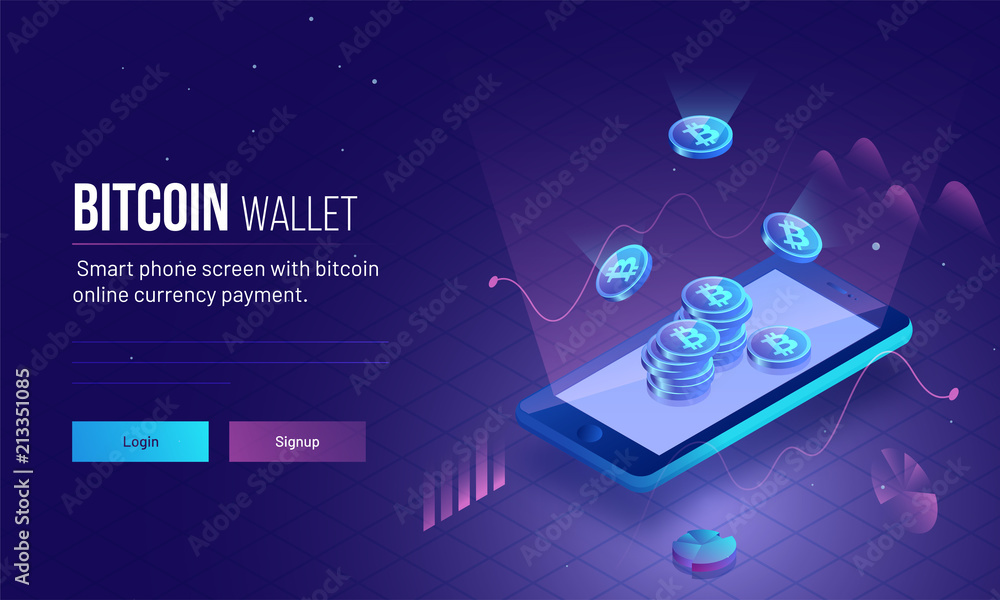 Responsive landing page or hero image for Bitcoin Wallet with 3D isometric illustration of smartphone with glowing bitcoins for virtual money or cryptocurrency concept. Responsive landing page or hero image for Bitcoin Wallet with 3D isometric illustration of smartphone with glowing bitcoins for virtual money or cryptocurrency concept.