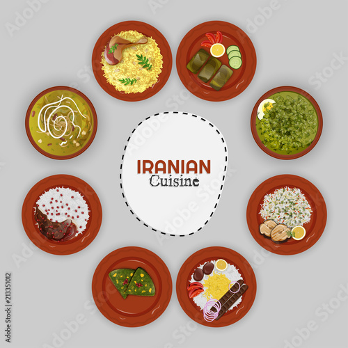 Top view of Iranian Cuisine collection with ethnic menu on grey background.