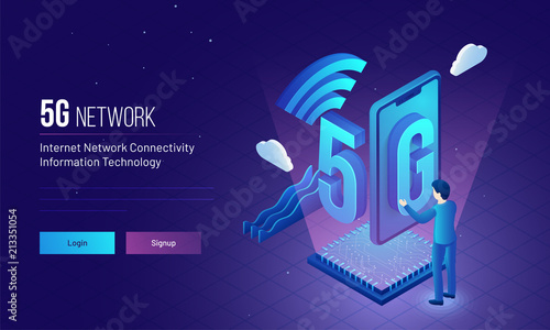 Responsive landing page design with isometric illustration of an engineer or developer establish wireless 5g network for internet network connectivity concept.