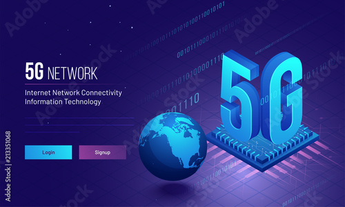 Global Internet 5G Network Connectivity concept based responsive landing page design with binary coding and processor chip illustration.