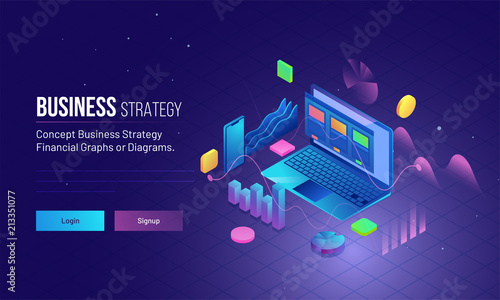 Business Strategy concept based landing page design with isometric illustration of laptop, financial graphs, smartphone and infographic elements.