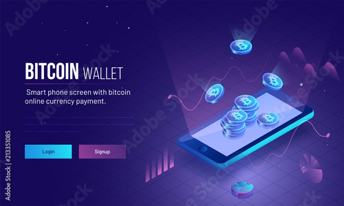 Responsive landing page or hero image for Bitcoin Wallet with 3D isometric illustration of smartphone with glowing bitcoins for virtual money or cryptocurrency concept.
