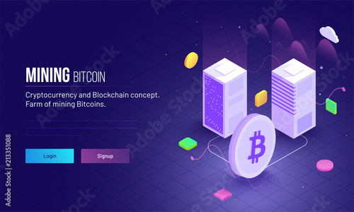 Isometric view of two servers connect with Bitcoin symbol between ultraviolet rays for Mining Bitcoin landing page concept.