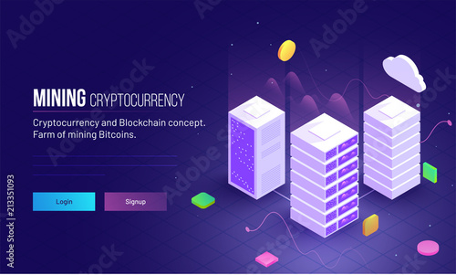 Mining Cryptocurrency responsive hero image or landing page design for farm mining bitcoins and blockchain concept.