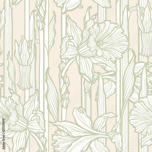Seamless pattern with beautiful narcissus flowers in art nouveau style