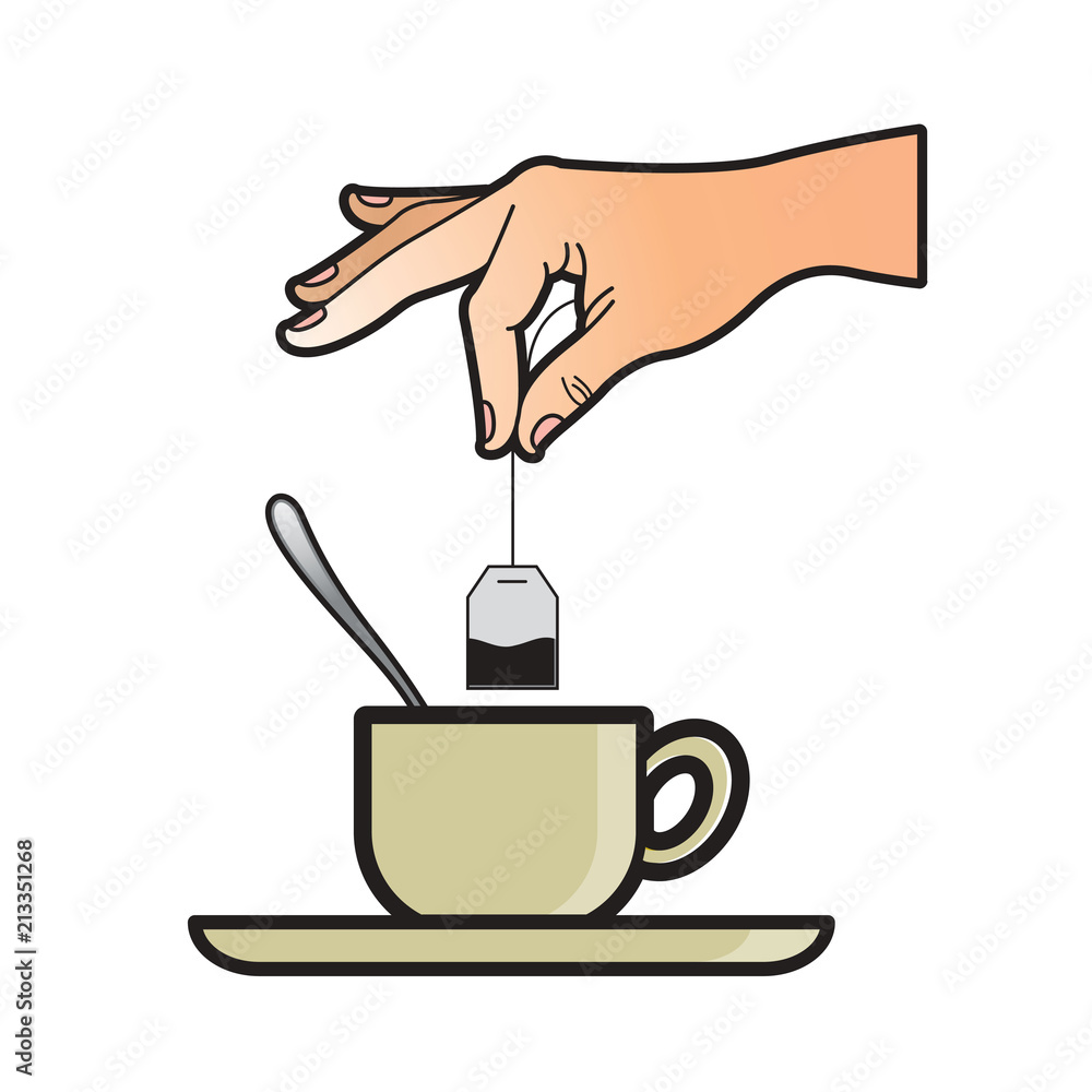 isolated dipping hand a tea bag into cup vector drawing Stock Vector