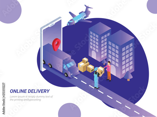Online delivery, isometric concept, mobile app or landing page design with delivery vehicle, and courier boy delivering at destination point, aeroplane, map navigation on a smart phone screen. 