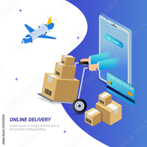 Online delivery, isometric concept, mobile app or landing page design with delivery boxes coming out from a smart phone and airoplane. 