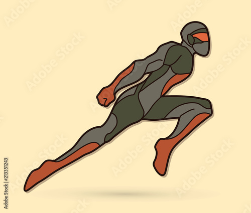 Superhero flying action, Cartoon superhero man jumping graphic vector.