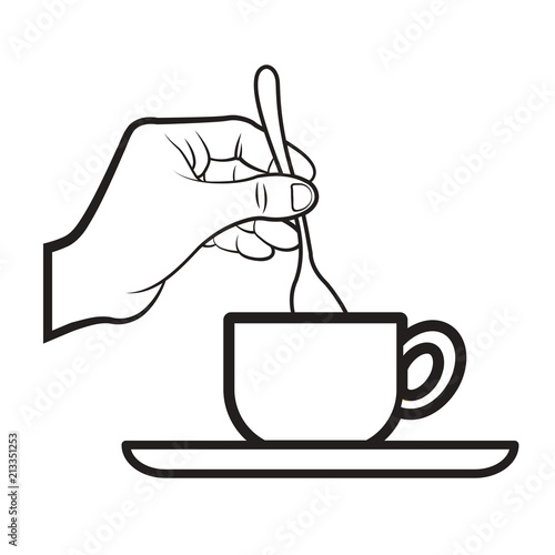 isolated black outline hand stirring a cup of tea
vector illustration