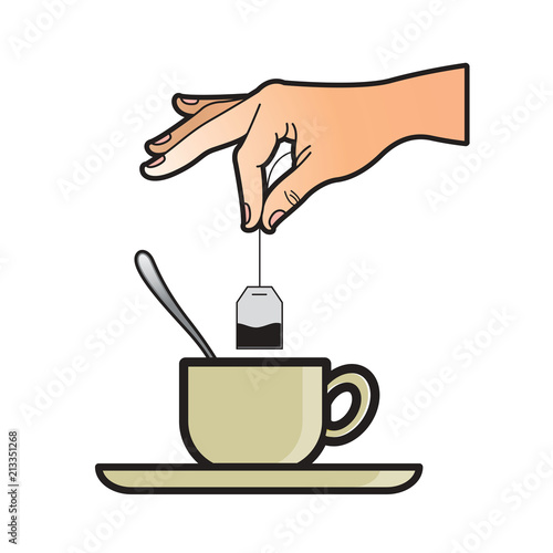 isolated dipping hand a tea bag into cup vector drawing