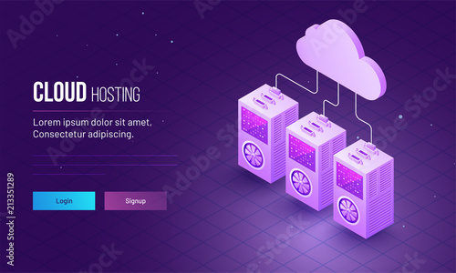 Cloud Hosting for data storage responsive landing page design with isometric view of three local server connected from cloud server.