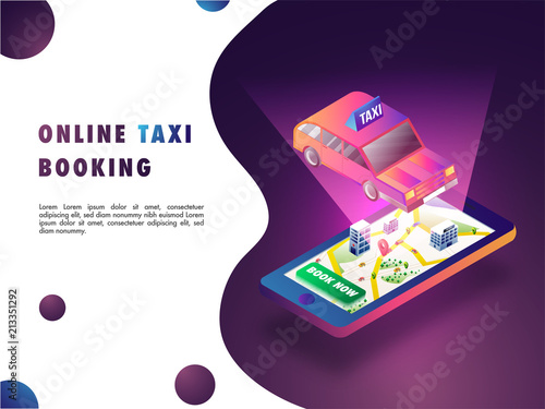 Isometric illustration of a taxi on mobile screen with map, navigation points, and taxi. Online cab booking concept.