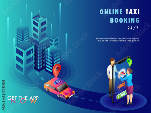 Isometric illustration of people booking a cab using mobile app with map, navigation points, and taxi.