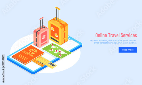 Website template or landing page design with 3D illustration of smartphone, passport, map and backpack for Online Travel Services concept.
