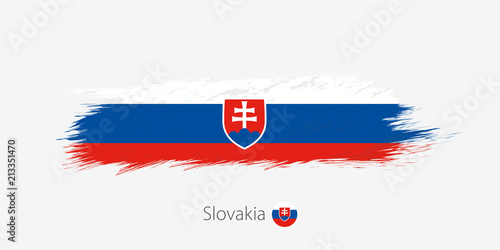 Obraz na plátně Flag of Slovakia, grunge abstract brush stroke on gray background
