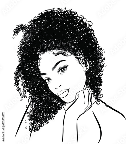 Hand-drawn black woman with curly luxurious hair and big sexy lips.Girl with perfectly shaped eyebrows and full lashes. Idea for business visit card, typography vector.Perfect salon look.