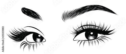 Illustration of woman's sexy luxurious eye with perfectly shaped eyebrows and full lashes. Hand-drawn Idea for business visit card, typography vector. Perfect salon look.
