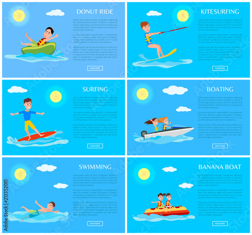 Donut Ride and Kitesurfing Set Vector Illustration