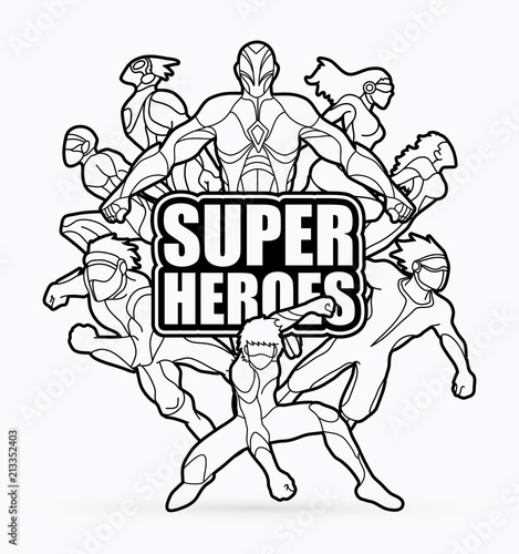 Group of Super Heroes action with text super heroes graphic vector