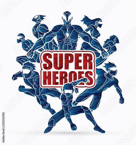 Group of Super Heroes action with text super heroes graphic vector