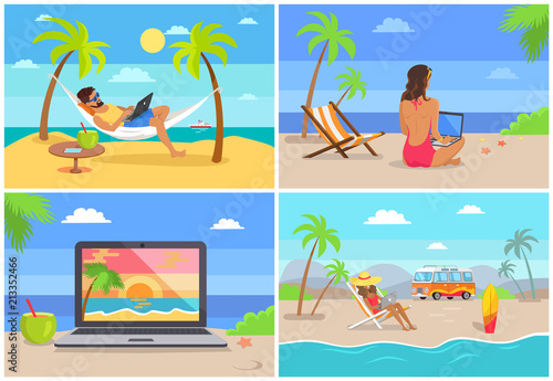 Seaside and Distant Work Set Vector Illustration