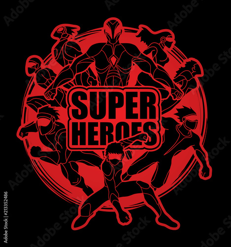 Group of Super Heroes action with text super heroes graphic vector
