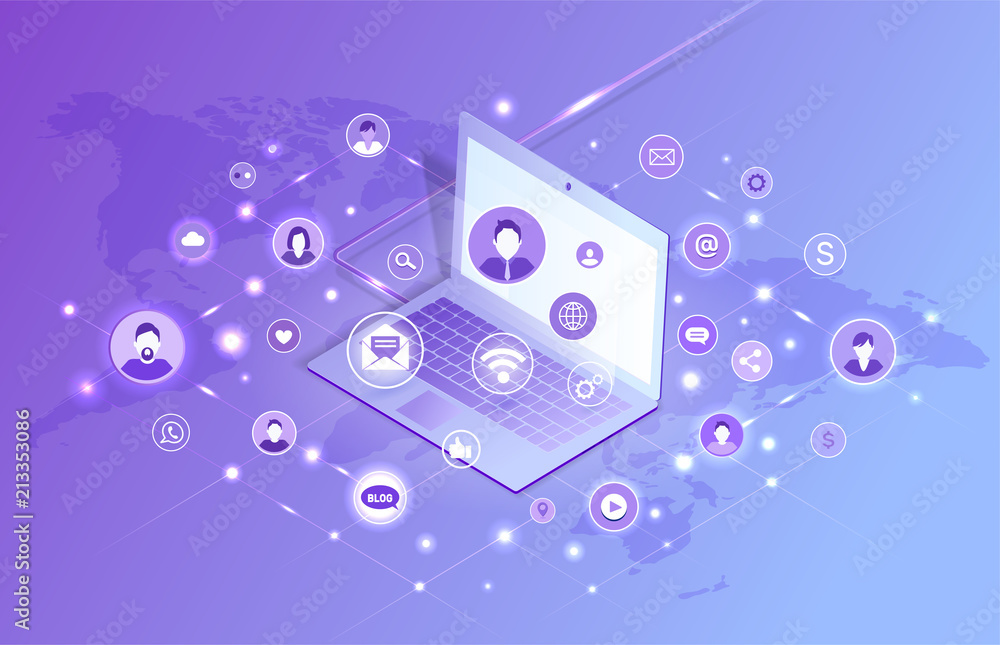 Obraz premium Laptop Social Network Violet Vector Illustration