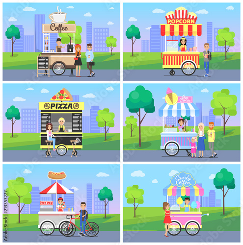 Set of Mobile Fast Street Food Kiosks in City Park