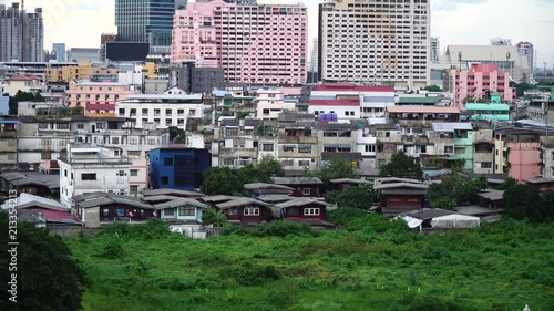 Bangkok, Thailand - July 3, 2018 : 4K High angle view of residential at Ratchadapisek area in Bangkok, Thailand  photo