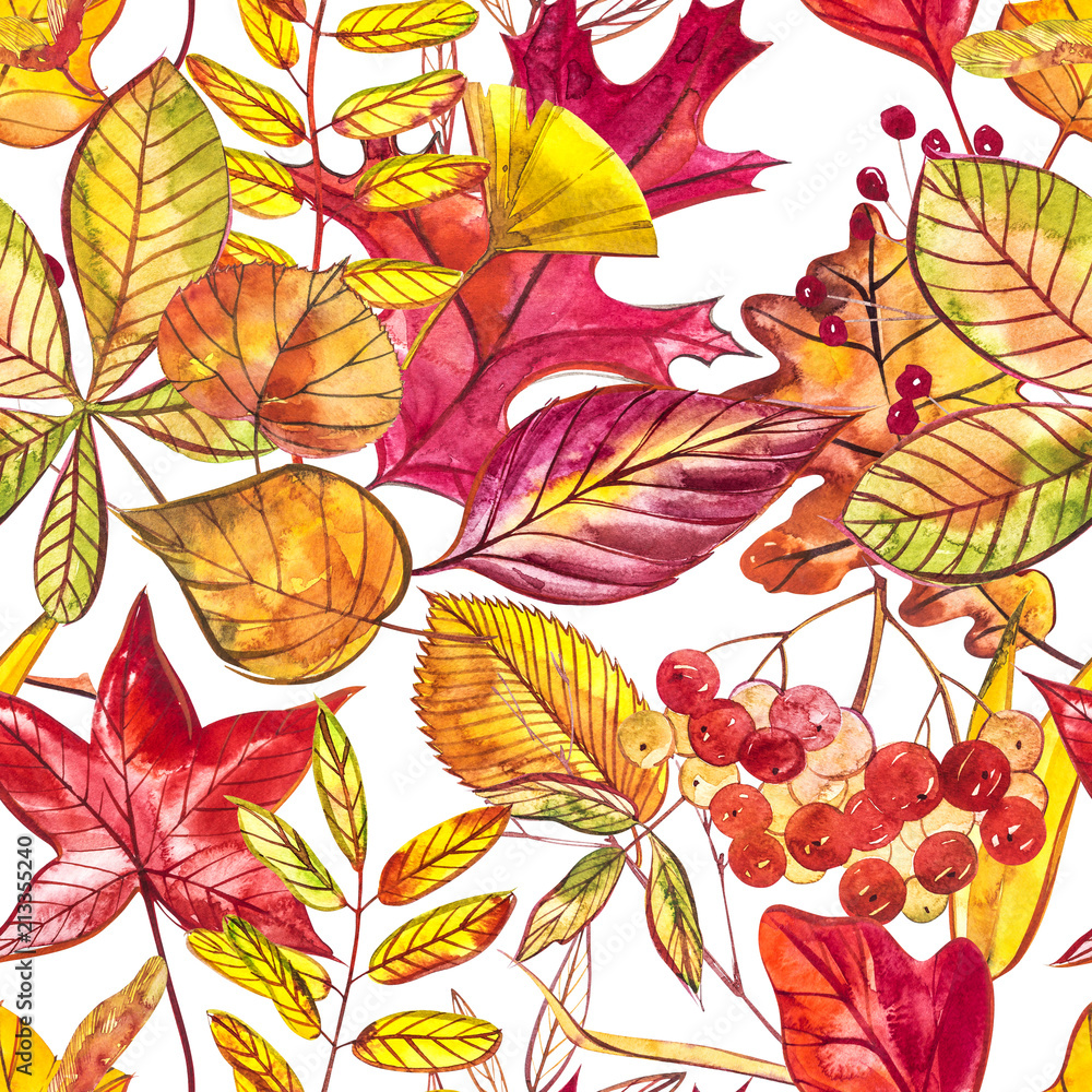Seamless pattern with acorns and autumn oak leaves in Orange, Beige, Brown and Yellow. Perfect for wallpaper, gift paper, pattern fills, web page background, autumn greeting cards.