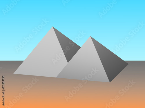 Two white pyramids in desert under blue sky background