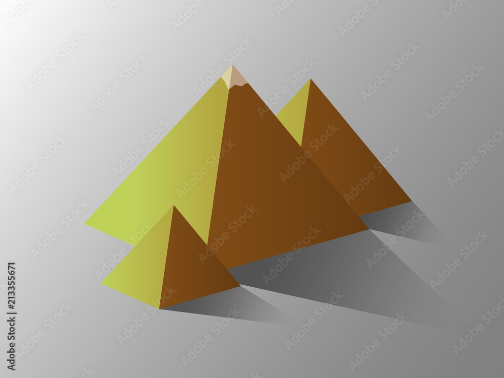 A group of golden pyramids casting shadow on white background A group of golden pyramids casting shadow on white background