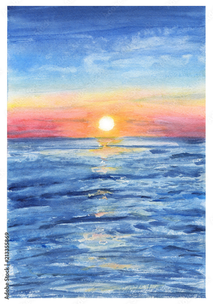 Obraz premium Akwarela malowanie tła z widokiem na morze zachód słońca.