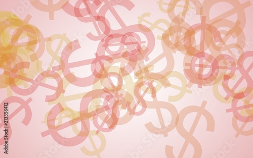 Multicolored translucent dollar signs on white background. Orange tones. 3D illustration