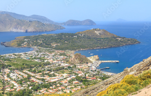 Panorama of Vulcano Island and further located island of Lipari from slopes of volcano. Aeolian Islands in Tyrrhenian Sea, near Sicily