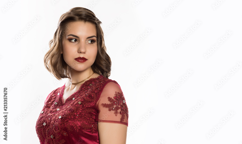 pensive beautiful woman in red dress on a white background. free space for your text pensive beautiful woman in red dress on a white background. free space for your text
