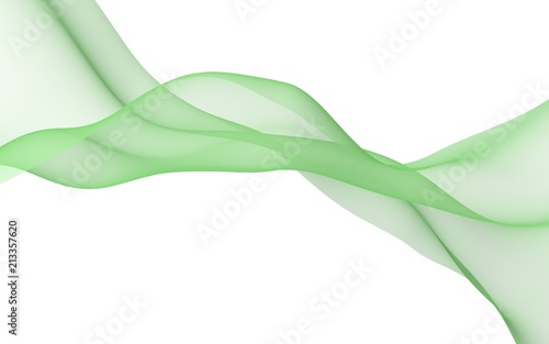 Green color scarf. Abstract green wave. Bright green ribbon on white background. Abstract green color smoke. Raster air background. 3D illustration