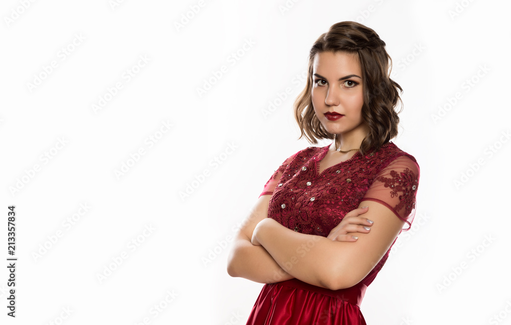 pensive beautiful woman in red dress on a white background. free space for your text pensive beautiful woman in red dress on a white background. free space for your text