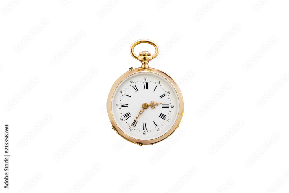 Closeup of a beautiful classic gold pocket watch isolated on white background.