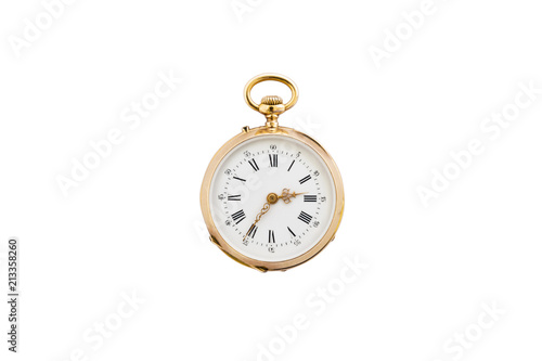 Closeup of a beautiful classic gold pocket watch isolated on white background.