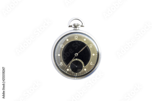 Closeup of a beautiful retro style black and silver pocket watch isolated on white background.